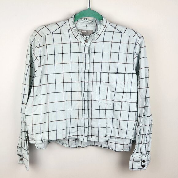 Everlane Tops - Everlane Windowpane Ruffle Neck Boxy Flannel Button Up Shirt Mint Blue sz S